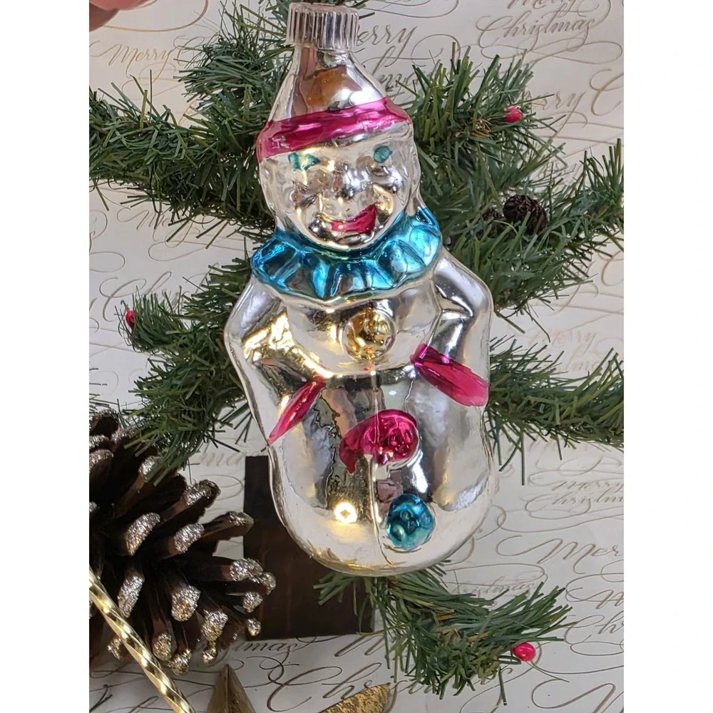 Vintage Snowman Clown‎ Glass Christmas Ornament West Germany Hand Painted Shiny